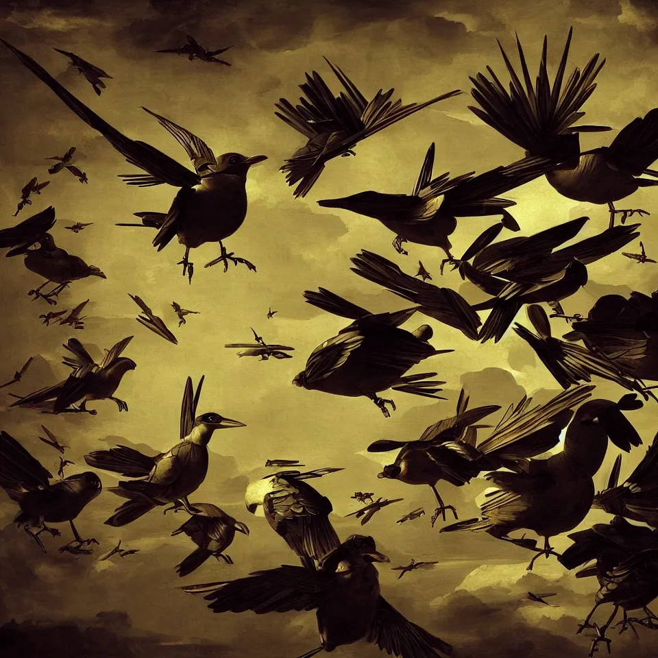 Prompt: robot birds by caravaggio, dynamic lighting, cinematic, epic composition, masterpiece