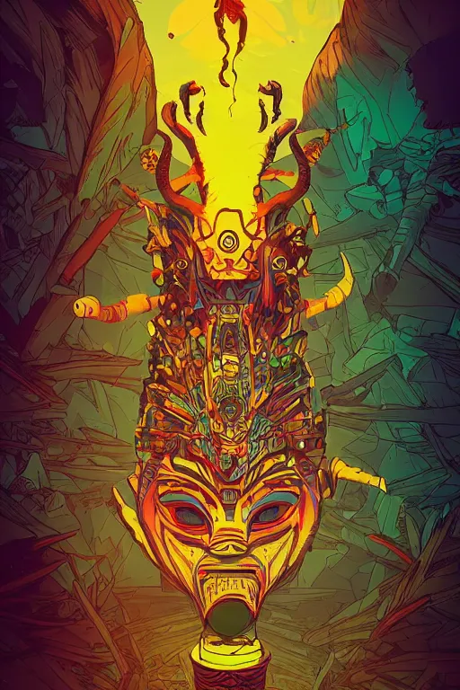 Image similar to totem animal tribal chaman vodoo mask feather gemstone plant wood rock video game illustration vivid color borderlands by josan gonzales and dan mumford radiating a glowing aura global illumination ray tracing