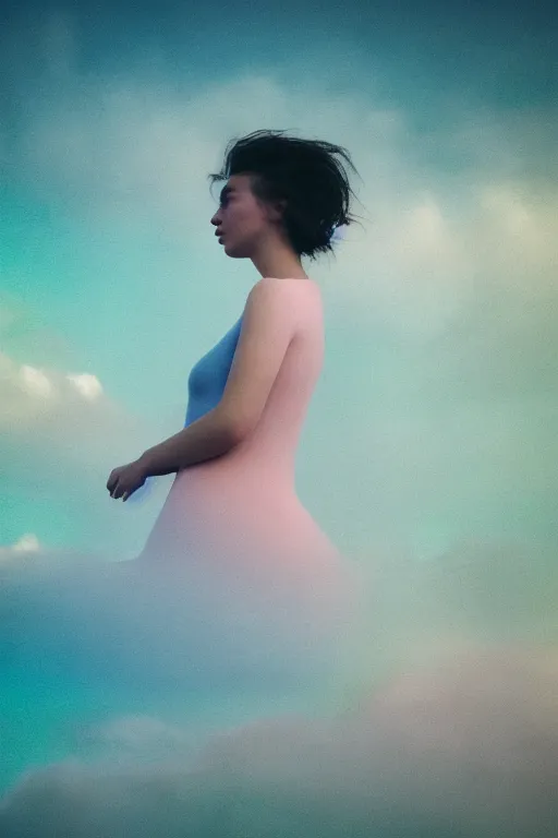 Image similar to high quality pastel coloured film close up wide angle photograph of a model wearing clothing swimming on cloud furniture in a icelandic black rock!! environment in a partially haze filled dreamstate world. three point light, rainbow. photographic production. art directed. pastel colours. volumetric clouds. pastel gradient overlay. waves glitch artefacts. extreme facial clarity. 8 k. filmic.