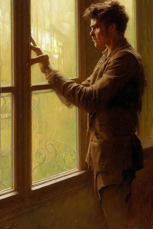 Image similar to irresistible man staring through a window, rainy day cafe painting by gaston bussiere, craig mullins, j. c. leyendecker