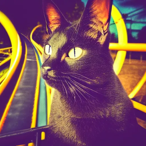 Image similar to black cat in a rollercoaster. the cat is enjoying the ride. sunlight. polaroid photo. saturated colors. selfie
