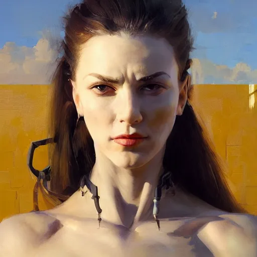 Image similar to Greg Manchess portrait painting of a woman cyborg, medium shot, asymmetrical, profile picture, Organic Painting, sunny day, Matte Painting, bold shapes, hard edges, street art, trending on artstation, by Huang Guangjian and Gil Elvgren and Sachin Teng