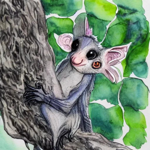 Image similar to an aye - aye in a tree. watercolour and ink