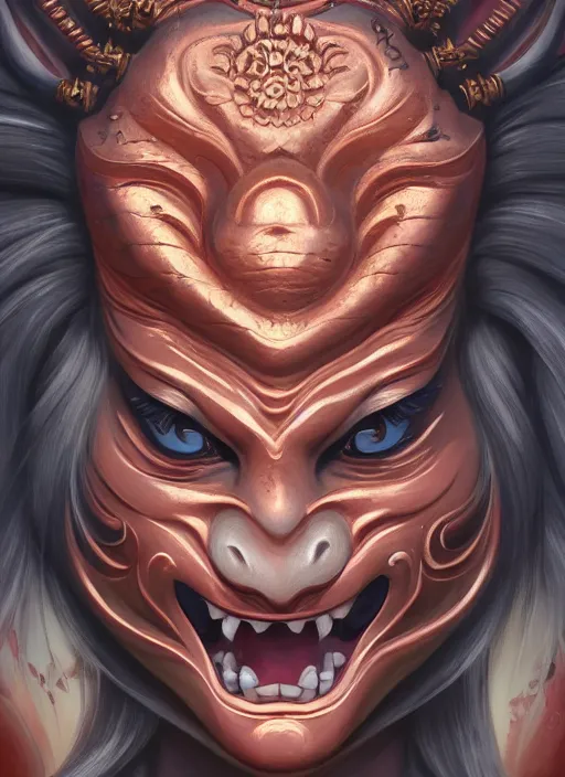 Image similar to a beautiful detailed oil on copper art illustration of a oni hannya mask shogun woman, centered, by charlie bowater, zeng fanzh, trending on artstation, dim dusk lighting, cinematic lighting, detailed lighting, volumetric lighting, realistic, f 8, 4 k hd wallpaper