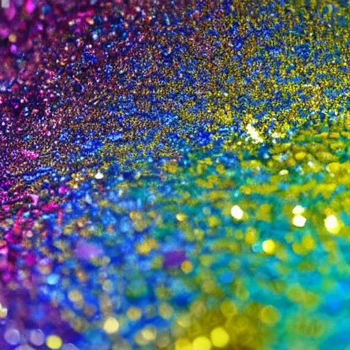 Image similar to a wet swirling mixture of gold paint and very colorful colored pigment particles glitter suspended in a turbulent liquid, captured in slow motion, crystal clear focus, macro photography lens closeup, slow-motion pour, dumpedpaint glittery, shimmering, speculars