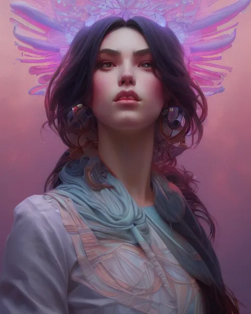 Prompt: emily rajtkowski, vaporwave, highly detailed, digital painting, artstation, concept art, smooth, sharp focus, illustration, art by artgerm and greg rutkowski and alphonse mucha