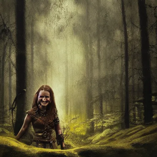 Image similar to a smiling viking shadow behind her a blurred forest, detailed and realistic painting, atmosphere, dynamic, expressions, cinematic