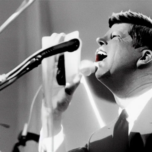 Prompt: John F. Kennedy singing into a microphone with a rock band, cinematic, 8k, detailed