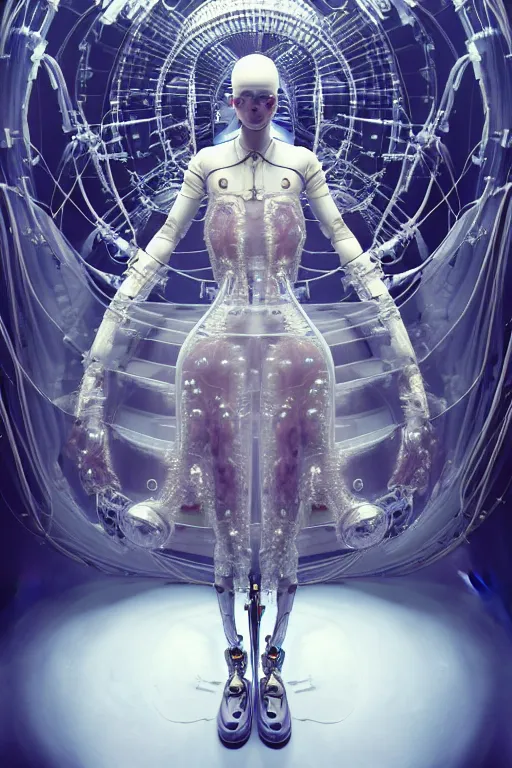 Image similar to background space station, baroque inflateble dress iris van herpen positing on floor, perfect symmetrical, full body shot, white helmet on face, inflateble shapes, wires, tubes, veins, jellyfish, white biomechanical details, wearing epic bionic implants, masterpiece, intricate, biopunk, vogue, highly detailed, artstation, concept art