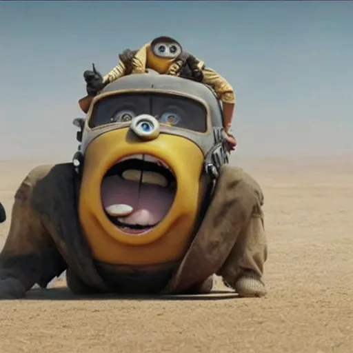Prompt: a ( ( minion ) ) in the mad max fury road!! still from movie