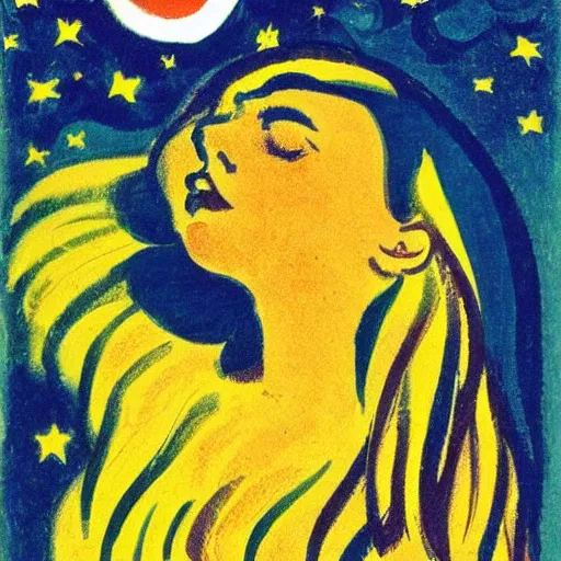 Prompt: Experimental art. A beautiful illustration of a young girl with long flowing hair, looking up at the stars. She appears to be dreaming or lost in thought. by Ernst Ludwig Kirchner, by Randolph Caldecott ghostly