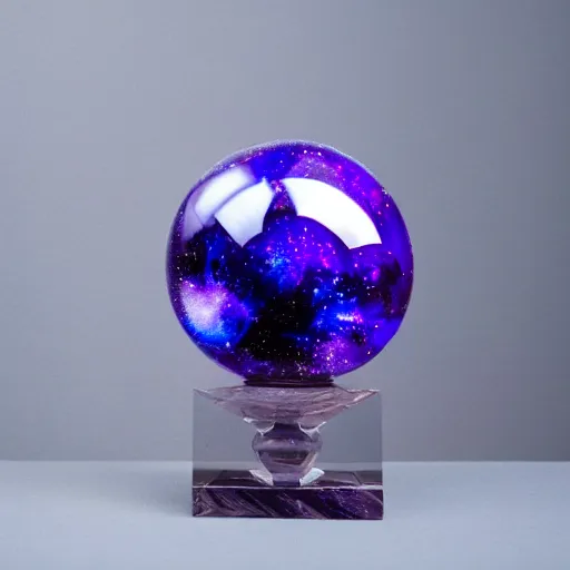 Prompt: blue and purple ice crystal sphere sculpture of galaxy