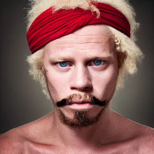 Prompt: photo portrait of an rugged albino african pirate with a red headband, young adult, thin blonde mustache, afro blonde hair, stern face, rugged and dirty, cinematic lighting at sundawn, movie color grading
