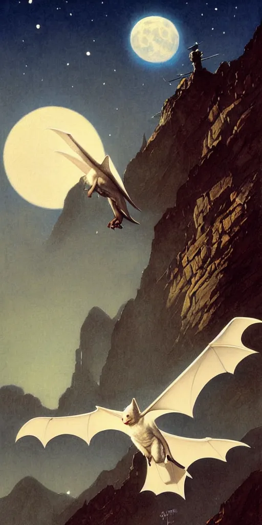 Image similar to a white bat, flying against a night sky, mountain in the background, moonlight, denoised, very detailed, painted by james gurney, norman rockwell, tom bagshaw