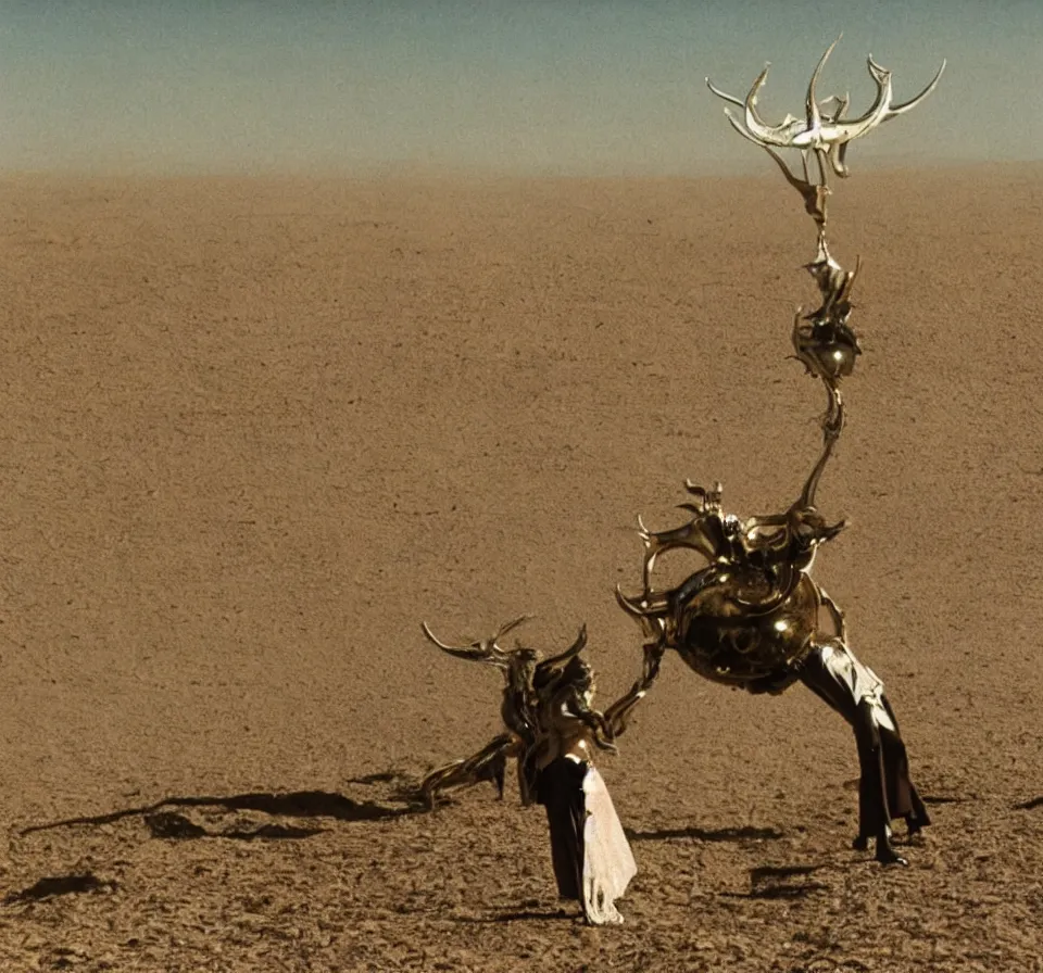 Prompt: salvador dali wearing a horned golden jewels crown in a dry sand desert landscape, alien spaceship by giger in the sky, film still from the movie by alejandro jodorowsky with cinematogrophy of christopher doyle and art direction by hans giger, anamorphic lens, kodakchrome, very detailed photo, 8 k