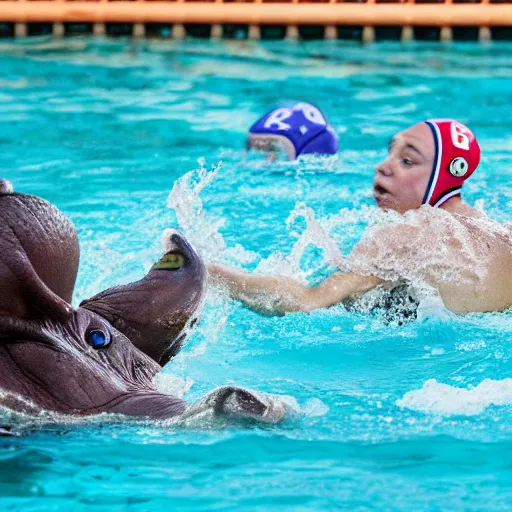 Image similar to hippopotamuses playing water polo with people. sports photograph.