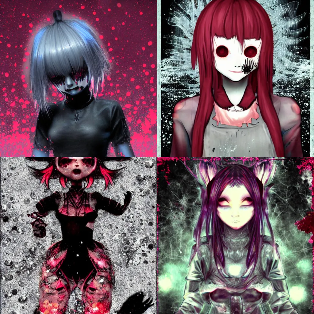 Prompt: glitchcore yokai girl, shadowverse character concept, found footage horror, glitter gif | Fatalistic (Bleak, Gloomy) | The red dump has nothing but bleak black industrial music to accompany it.