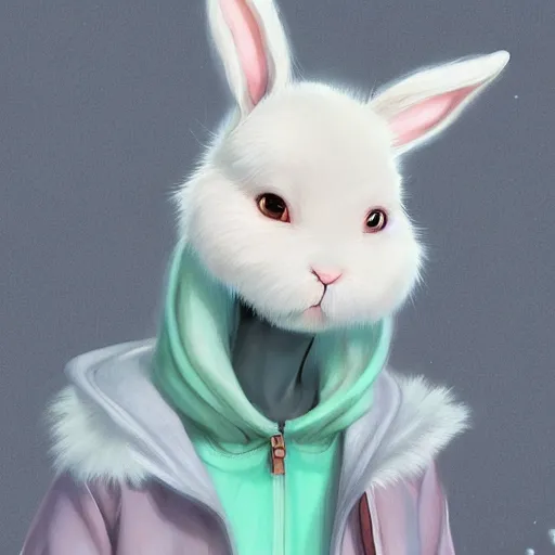 Prompt: aesthetic portrait commission of a albino male furry anthro cute bunny wearing a cute mint colored cozy soft pastel winter outfit, winter Atmosphere. Character design by charlie bowater, ross tran, artgerm, and makoto shinkai, detailed, inked, western comic book art, 2021 award winning painting
