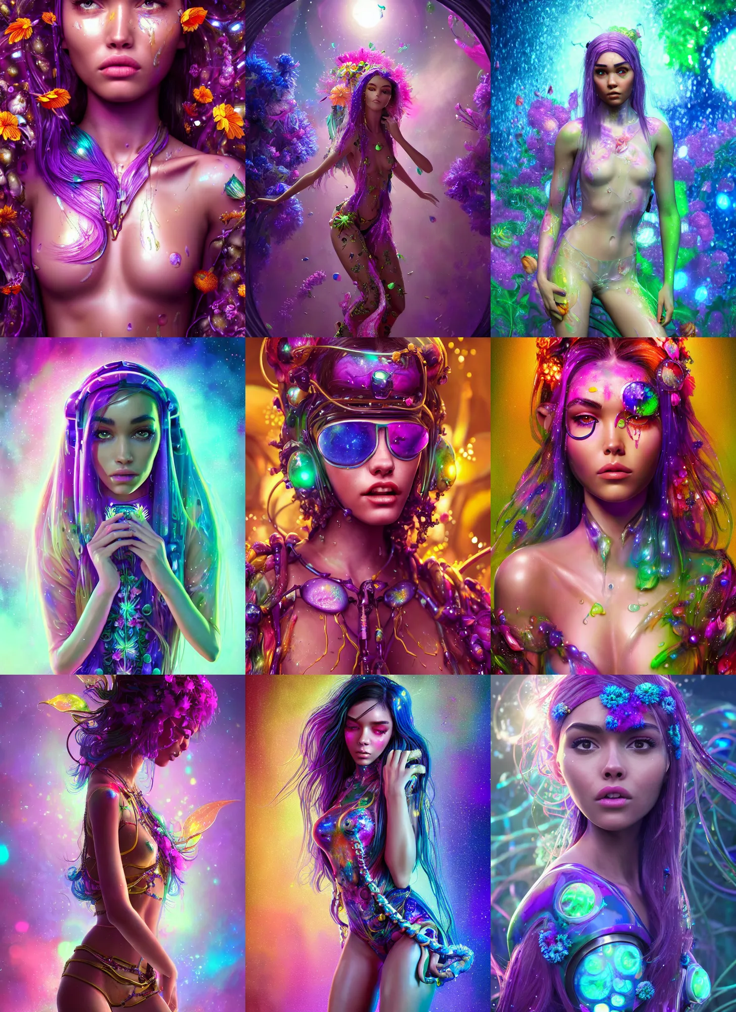 Prompt: polished wet galactic chained floral rave biotech woman : : madison beer : : weta disney pixar movie still photo : : hi - fructose, sci fi, fantasy, decadent highly - detailed digital painting, golden ratio, octane render, artstation, smooth, sharp focus, artgerm, mucha, loish, wlop : :