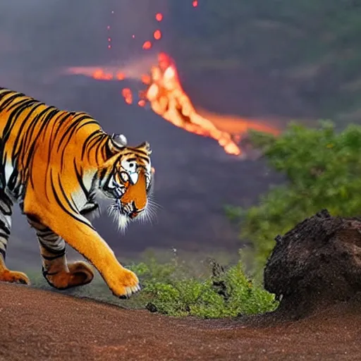 Image similar to A tiger running away from an erupting volcano