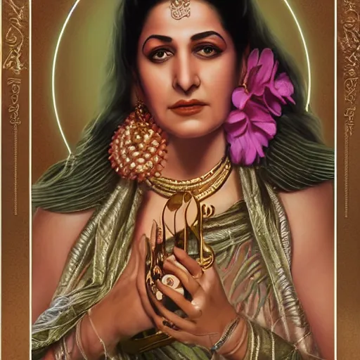 Image similar to a detailed fantasy character portrait of om kalthoum as goddess of music by lauri blank, artgerm, evelyn de morgan, 8K, 50mm lens