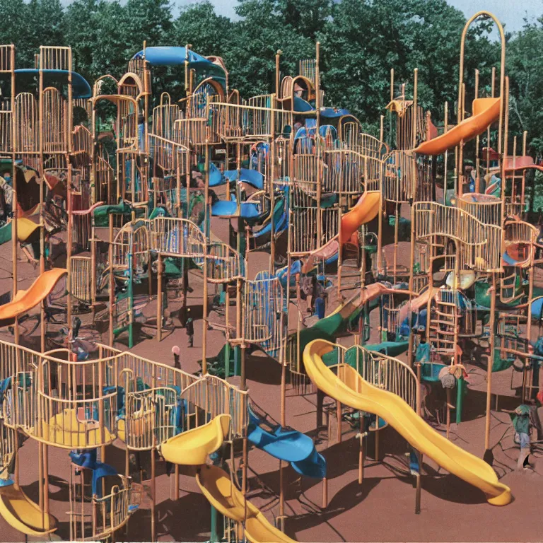 Prompt: full - color closeup 1 9 7 0 s photo of a large complex very - dense very - tall many - level playground in a crowded schoolyard. the playground is made of dark - brown wooden planks, and black rubber tires. it has many wooden spiral staircases, high bridges, ramps, and tall towers.