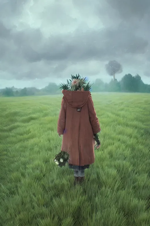 Prompt: a portrait, enormous thistle flower head, a girl wearing coat in field, surreal photography, wind, cloudy sky, dramatic light, impressionist painting, digital painting, artstation, simon stalenhag