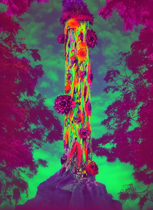 Image similar to a psychedelic surreal horror totem made of trees and multicolor flowers, fulcolor octane remder, cinematic