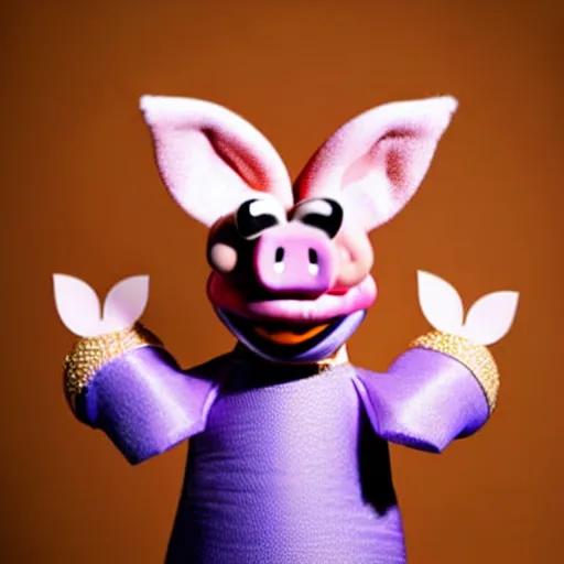 Image similar to studio photograph of a flying smiling pig with unicorn horn depicted as a muppet