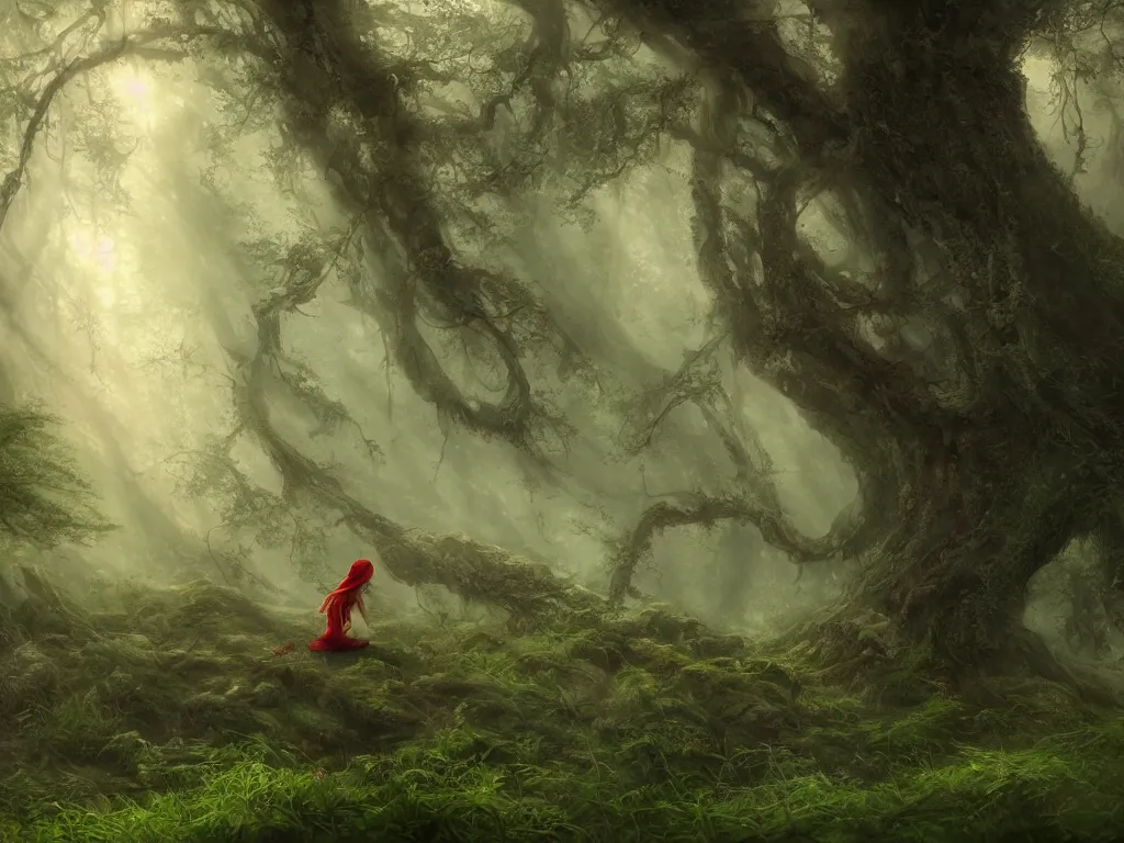 Image similar to a female beauty with red cap rides slowly through a dense misty green oak and beech forrest, rays of life, cinematic, fantasy art, moody morning light, cryengine, trending on artstation, by cynthia sheppard, by naoto hatori, by tyler jacobson, by john howe, by ridley scott, by peter jackson, by chris rahn