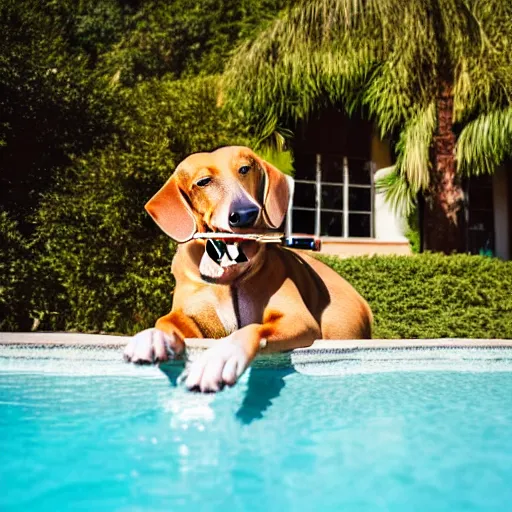 Image similar to a very detailed photo of a dog smoking a cigar outside the mansion by the pool