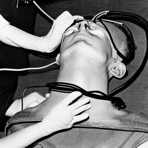 Prompt: A dramatic photo of a an electrician receiving CPR after being electrocuted (1967). Black and White