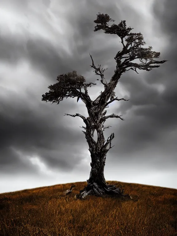 Image similar to photo of 8k ultra realistic lone dead tree on hill surrounded by swirling clouds and lighting, dark, menacing, full of colour, cinematic lighting, battered, trending on artstation, 4k, hyperrealistic, focused, extreme details,unreal engine 5, cinematic, masterpiece, art by Studio Ghibli