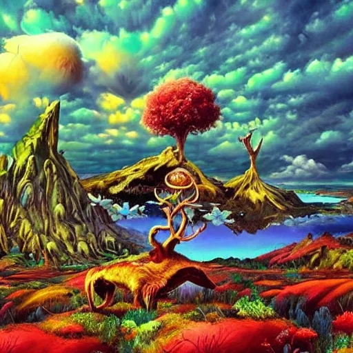 Image similar to beautiful bizarre surrealistic psychedelic fantasy landscape far view