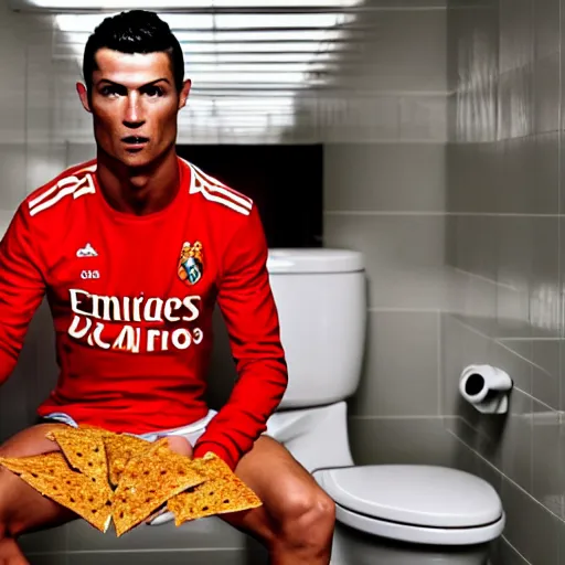 Image similar to cristiano ronaldo eating from doritos in the toilet, cinematic composition, 4 k, movie still