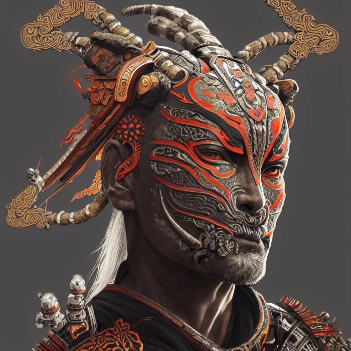 Image similar to symmetry! portrait of a hybrid old male warrior, face decorated with chinese opera motifs, leds horizon zero dawn machine, intricate, elegant, highly detailed, digital painting, artstation, concept art, smooth, sharp focus, illustration, art by artgerm and greg rutkowski and alphonse mucha, 8 k