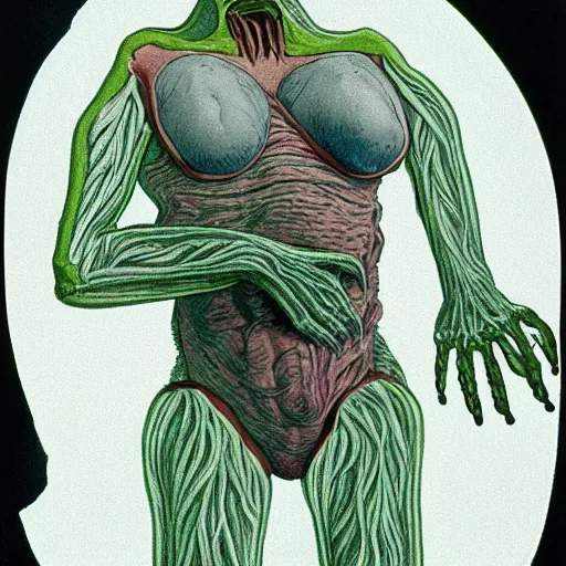 Image similar to closeup color 30mm film movie photograph of a 70-year old doctor wearing a surgical mask being smothered by a dangerous shape shifting alien creature, with multiple mutated snarling drooling human faces with a grotesque variety of gorey human and animal limbs protruding from its lower torso 1982