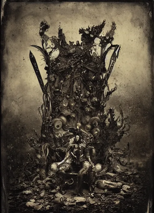 Prompt: old wetplate daguerreotype demons, devil, pain, anger, desolation, angel, throne, spear, explosion of data fragments, fractal, intricate, elegant, highly detailed, parallax, leica, medium format, subsurface scattering, by jheronimus bosch and greg rutkowski and louis jacques mande daguerre