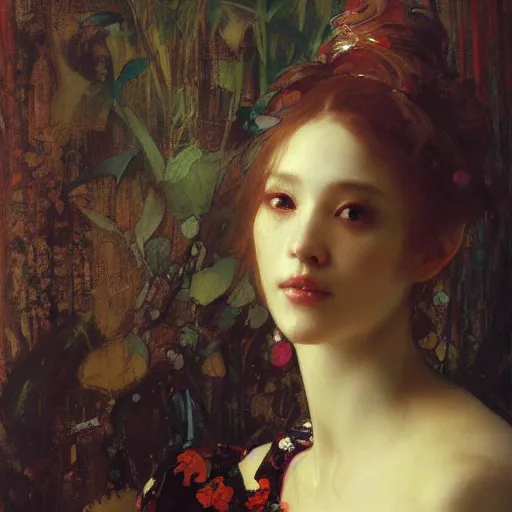 Image similar to portrait of a beautiful woman by ruan jia, mucha