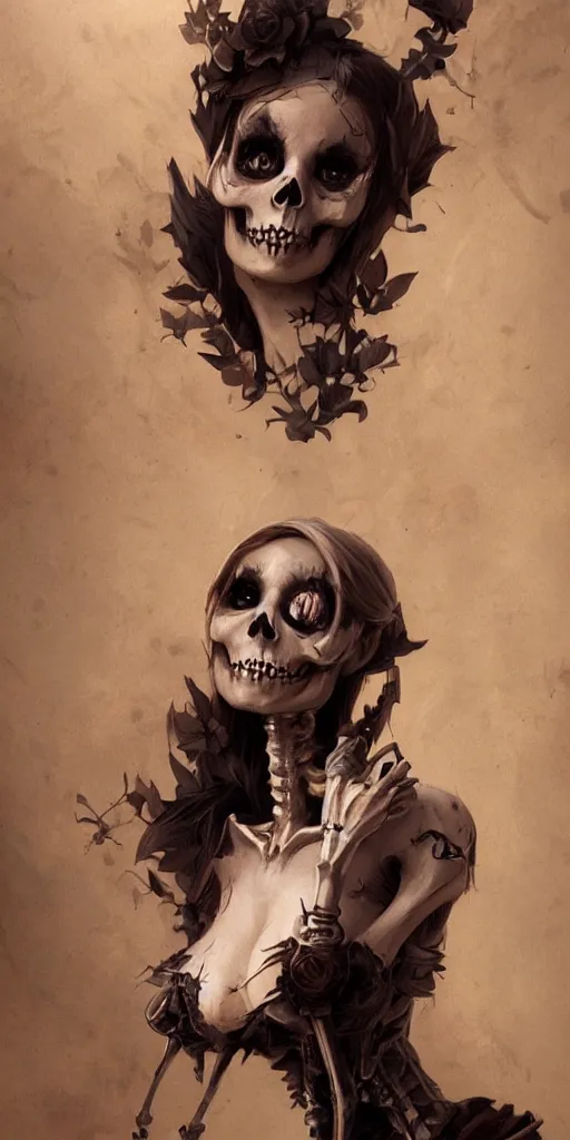 Prompt: very cute and beautiful smiling skeleton girl, pin up, fantasy art, gothic, highly detailed, digital painting, illustration, art by greg rutkowski