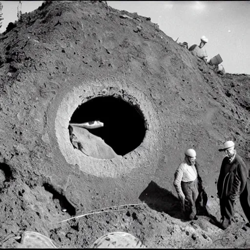 Image similar to old photo of 2 archeologists standing above a hole in the ground looking at an old crashed alien spaceship in the hole, realistic, historic, press photo, black and white