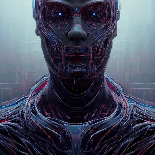 Image similar to portrait art of an ultradetailed evil futuristic cyborg made of neuronal networks, by greg rutkowski and Zdzisław Beksiński, digital painting, 8k, intricate, futuristic, dramatic light, trending on cg society