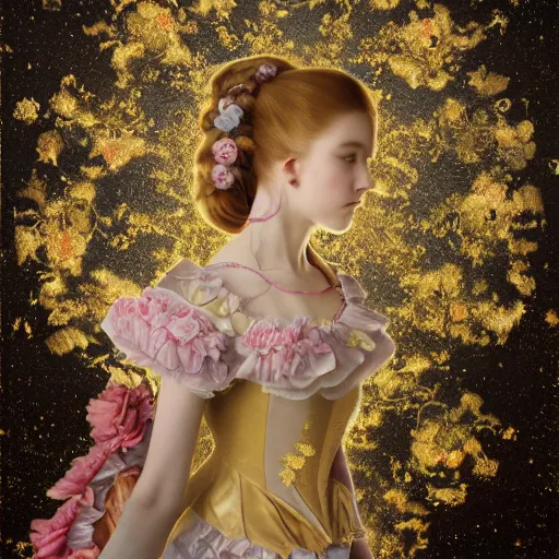 Prompt: 8k, octane render, realism, tonalism, renaissance, rococo, baroque, portrait of a young lady wearing long harajuku manga dress with flowers and skulls standing in a renaissance park, chaotic gold leaf flowers