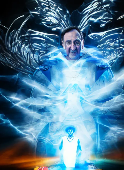 Image similar to portrait photography of mike krzyzewski as the god king emperor, blue devils, basketball, glowing, divinity power, volumetric light, unreal engine 5