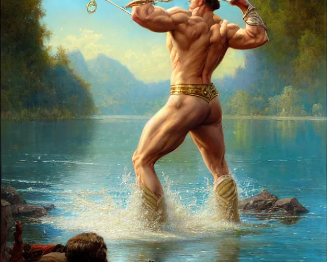 Image similar to muscular magician man, casting water magic, making waves rise from a beautiful lake. highly detailed painting by gaston bussiere, craig mullins, j. c. leyendecker 8 k