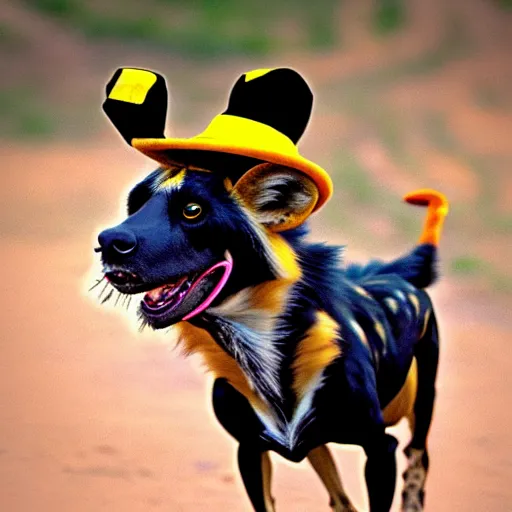 Image similar to A photo of the world's greatest showman: the african wild dog dressed in a hat!