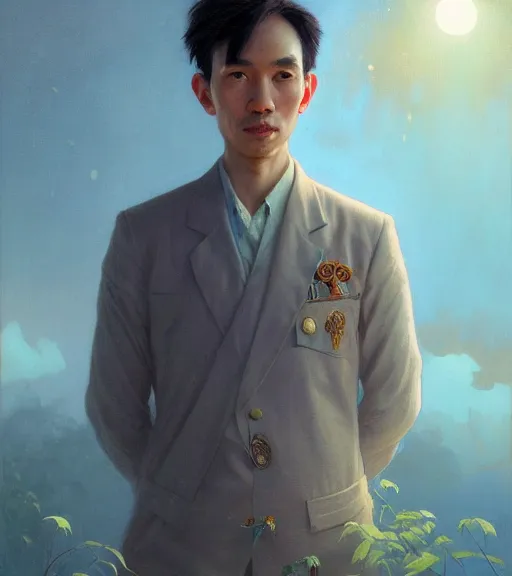 Image similar to highly detailed portrait of a young ho chi minh with long hairs, unreal engine, fantasy art by greg rutkowski, loish, rhads, ferdinand knab, makoto shinkai and lois van baarle, ilya kuvshinov, rossdraws, tom bagshaw, alphonse mucha, global illumination, radiant light, detailed and intricate environment