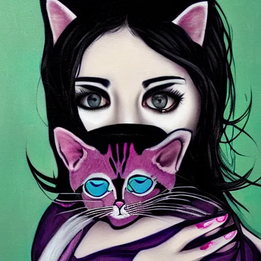 Image similar to woman holding a cat, by harumi hironaka