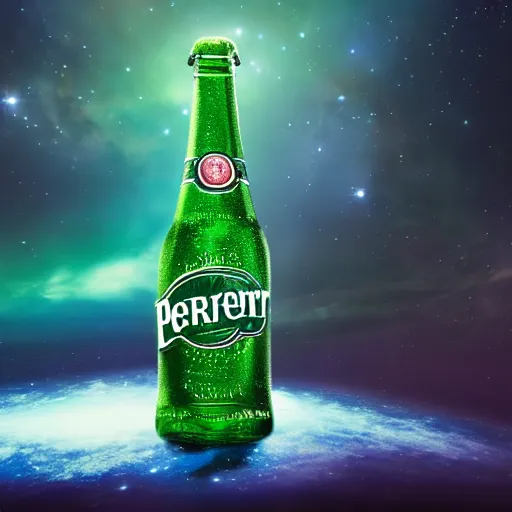 Prompt: a photo of a bottle of Perrier in space with nebula, photorealistic, transparence, reflections, refraction, caustics, raytracing, 8K, trending on artstationHQ