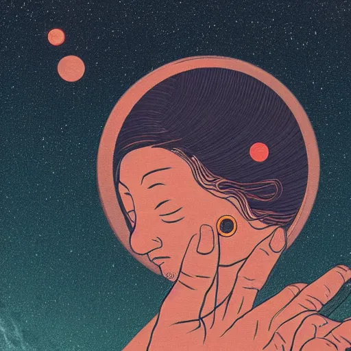 Image similar to closeup of a face with a glowing planet Saturn and earth spinning, the rings are glowing around the planet, the woman's hand reaching for the pendant, flat design, screen print by kawase Hasui and Dan hillier, 8k, artstation